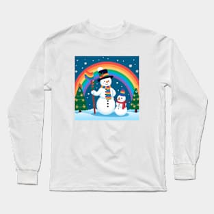 Two cute snowman, rainbow in the snow Long Sleeve T-Shirt